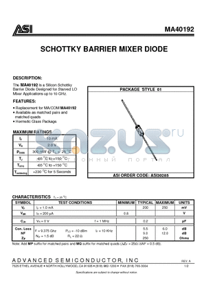 MA40192 datasheet - SCHOTTKY BARRIER MIXER DIODE