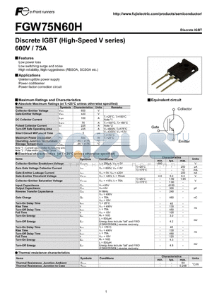 FGW75N60H datasheet - Discrete IGBT (High-Speed V series) 600V / 75A