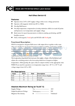 FH130 datasheet - 25mA 30V FH130 Hall Effect Latch S ensor On-chip Hall Sensor