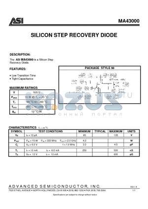 MA43000 datasheet - SILICON STEP RECOVERY DIODE
