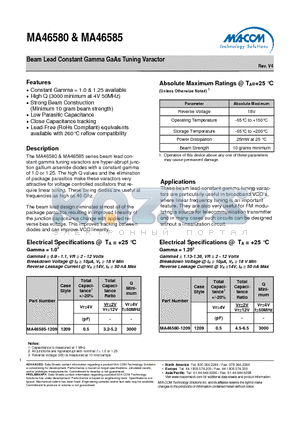 MA46585-1209 datasheet - Beam Lead Constant Gamma GaAs Tuning Varactor