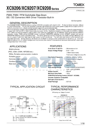 XC9206 datasheet - PWM, PWM/PFM Switchable Step-Down DC/DC Converters with Driver Transistor Built-In