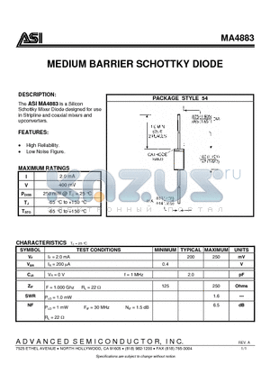 MA4883 datasheet - MEDIUM BARRIER SCHOTTKY DIODE