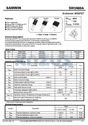 SWP3N80A datasheet - N-channel MOSFET