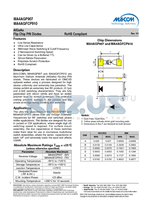 MA4AGFCP910 datasheet - AlGaAs Flip Chip PIN Diodes