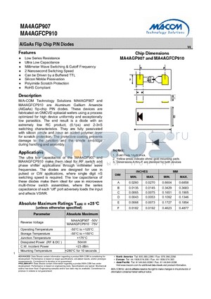 MA4AGP907 datasheet - AlGaAs Flip Chip PIN Diodes