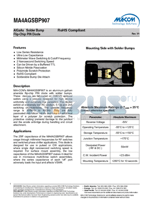 MA4AGSBP907 datasheet - AlGaAs Solder Bump Flip-Chip PIN Diode