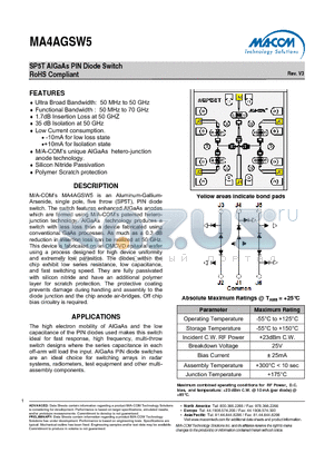 MA4AGSW5 datasheet - SP5T AlGaAs PIN Diode Switch RoHS Compliant