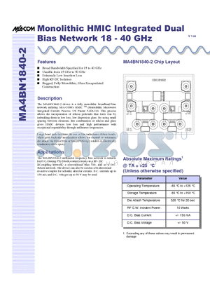 MA4BN1840-2 datasheet - Monolithic HMIC Integrated Dual Bias Network 18 - 40 GHz