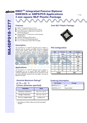 MA4DP918-1277 datasheet - HMICTM Integrated Passive Diplexer GSM/DCS or AMPS/PCS Applications 3 mm square MLP Plastic Package
