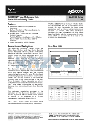 MA4E2502M datasheet - SURMOUNTTM Low, Medium and High Barrier Silicon Schottky Diodes