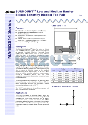 MA4E2514M-1116W datasheet - SURMOUNT Low and Medium Barrier Silicon Schottky Diodes: Tee Pair