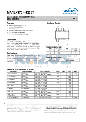 MA4EX370H-1225T datasheet - Silicon Double Balanced HMIC Mixer 3000 - 4000 MHz