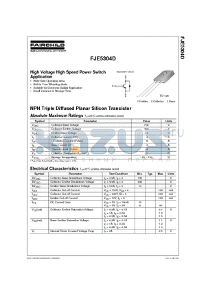 FJE5304D datasheet - High Voltage High Speed Power Switch Application
