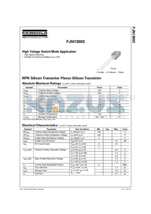 FJN13003 datasheet - NPN Silicon Transistor Planar Silicon Transistor