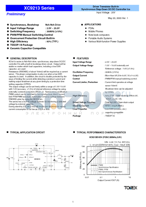 XC9213B103VRL datasheet - Driver Transistor Built-In Synchronous Step-Down DC/DC Controller Ics