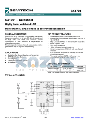 SX1701 datasheet - Highly linear wideband LNA Multi-channel, single-ended to differential conversion