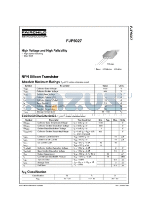 FJP5027 datasheet - High Voltage and High Reliability