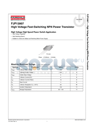 FJP13007 datasheet - High Voltage Fast-Switching NPN Power Transistor