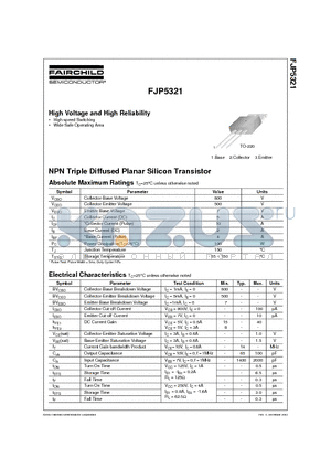 FJP5321 datasheet - High Voltage and High Reliability