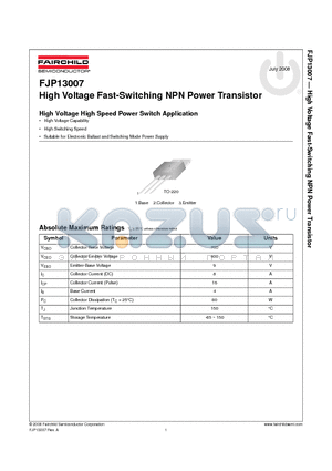 FJP13007_08 datasheet - High Voltage Fast-Switching NPN Power Transistor