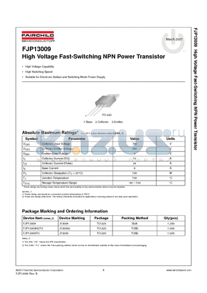 FJP13009 datasheet - High Voltage Fast-Switching NPN Power Transistor