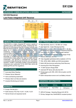 SX1239IMLTRT_11 datasheet - Low Power Integrated UHF Receiver