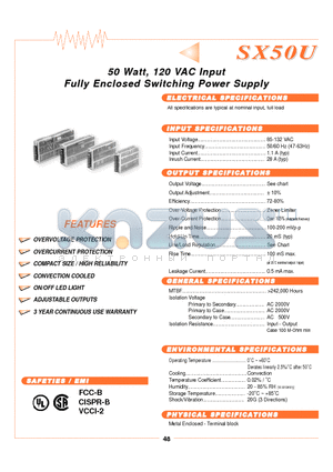 SX50U-12S datasheet - 50 Watt, 120 VAC Inputt Fully Enclosed Switchiing Power Supply