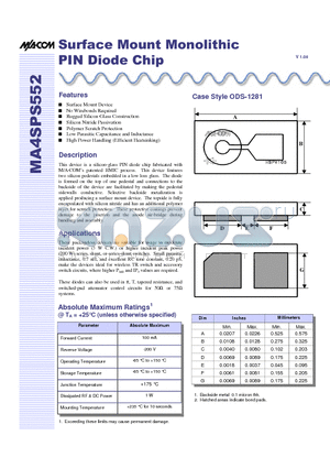 MA4SPS552-W datasheet - Surface Mount Monolithic PIN Diode Chip
