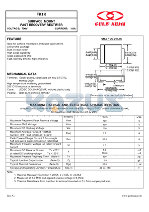 FK1K datasheet - SURFACE MOUNT FAST RECOVERY RECTIFIER VOLTAGE700V CURRENT 1.0A