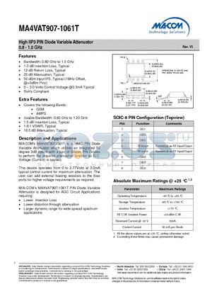 MA4VAT907-1061T datasheet - High IIP3 PIN Diode Variable Attenuator 0.8 - 1.0 GHz