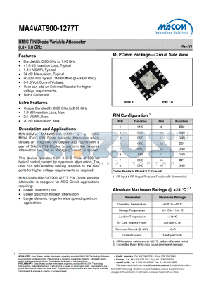 MA4VAT900-1277T datasheet - HMIC PIN Diode Variable Attenuator 0.8 - 1.0 GHz