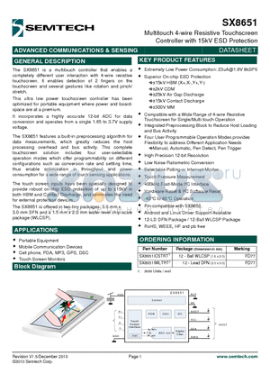 SX8651IWLTRT1 datasheet - Multitouch 4-wire Resistive Touchscreen Controller with 15kV ESD Protection