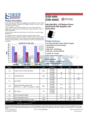 SXB-4089Z datasheet - 400-2500 MHz 1/4 W Medium Power InGaP/GaAs HBT Amplifier with Active Bias