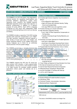 SX8636 datasheet - Low Power, Capacitive Button Touch Controller (8 sensors) with Enhanced LED