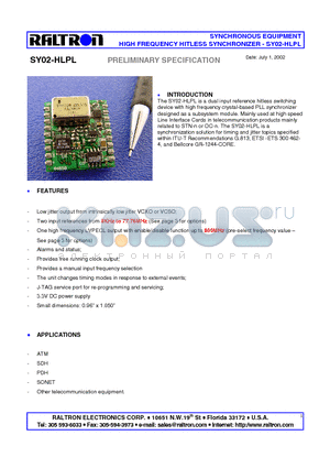 SY02-HLPL datasheet - SYNCHRONOUS EQUIPMENT HIGH FREQUENCY HITLESS SYNCHRONIZER
