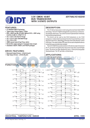 IDT74ALVC162245PA datasheet - 3.3V CMOS 16-BIT BUS TRANSCEIVER WITH 3-STATE OUTPUTS