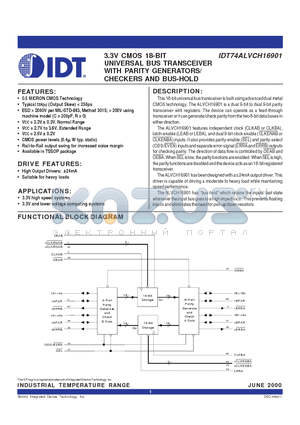 IDT74ALVCH16901 datasheet - 3.3V CMOS 18-BIT UNIVERSAL BUS TRANSCEIVER WITH PARITY GENERATORS / CHECKERS AND BUS-HOLD