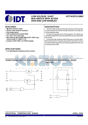 IDT74CBTLV3862QG datasheet - LOW-VOLTAGE 10-BIT BUS SWITCH WITH ACTIVE HIGH AND LOW ENABLES