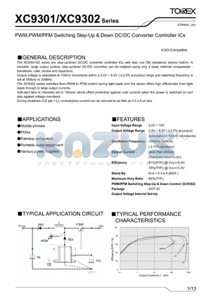 XC9301 datasheet - PWM,PWM/PFM Switching Step-Up & Down DC/DC Converter Controller ICs