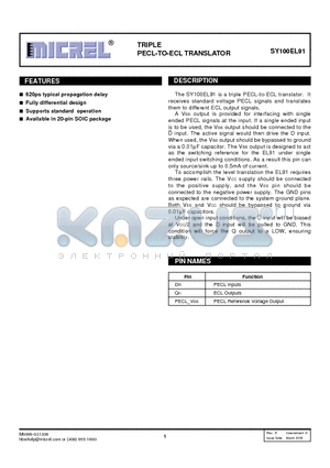 SY100EL91ZC datasheet - 3.3V TRIPLE LVPECL-to-ECL OR LVPECL-to-LVECL TRANSLATOR