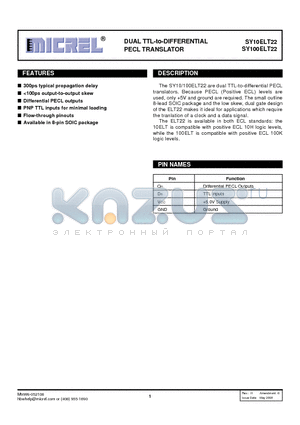 SY100ELT22ZG datasheet - DUAL TTL-to-DIFFERENTIAL PECL TRANSLATOR