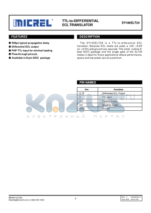 SY100ELT24ZC datasheet - TTL-to-DIFFERENTIAL ECL TRANSLATOR