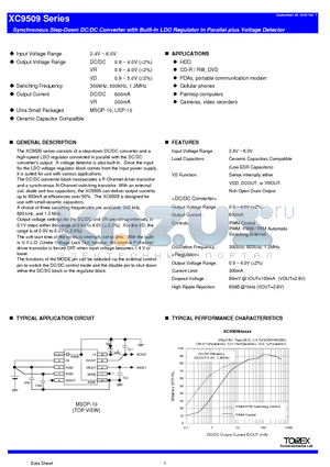 XC9509CAR datasheet - Synchronous Step-Down DC/DC Converter with Built-In LDO Regulator in Parallel plus Voltage Detector