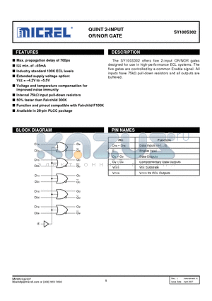 SY100S302JCTR datasheet - QUINT 2-INPUT OR/NOR GATE
