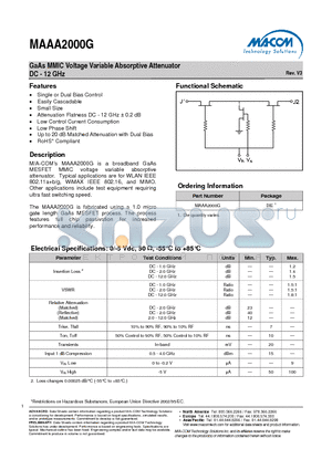 MAAA2000G datasheet - GaAs MMIC Voltage Variable Absorptive Attenuator DC - 12 GHz