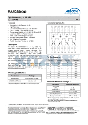 MAADSS0009TR-3000 datasheet - Digital Attenuator, 30 dB, 4-Bit DC - 2.0 GHz