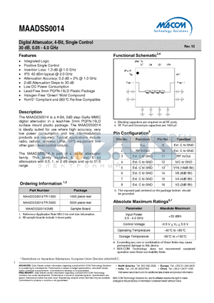 MAADSS0014SMB datasheet - Digital Attenuator, 4-Bit, Single Control 30 dB, 0.05 - 4.0 GHz