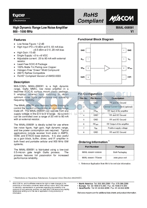 MAAL-008091 datasheet - High Dynamic Range Low Noise Amplifier 800 - 1000 MHz