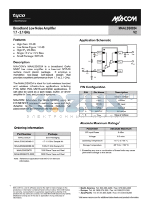 MAALSS0024SMB-01 datasheet - Broadband Low Noise Amplifier 1.7 - 2.1 GHz
